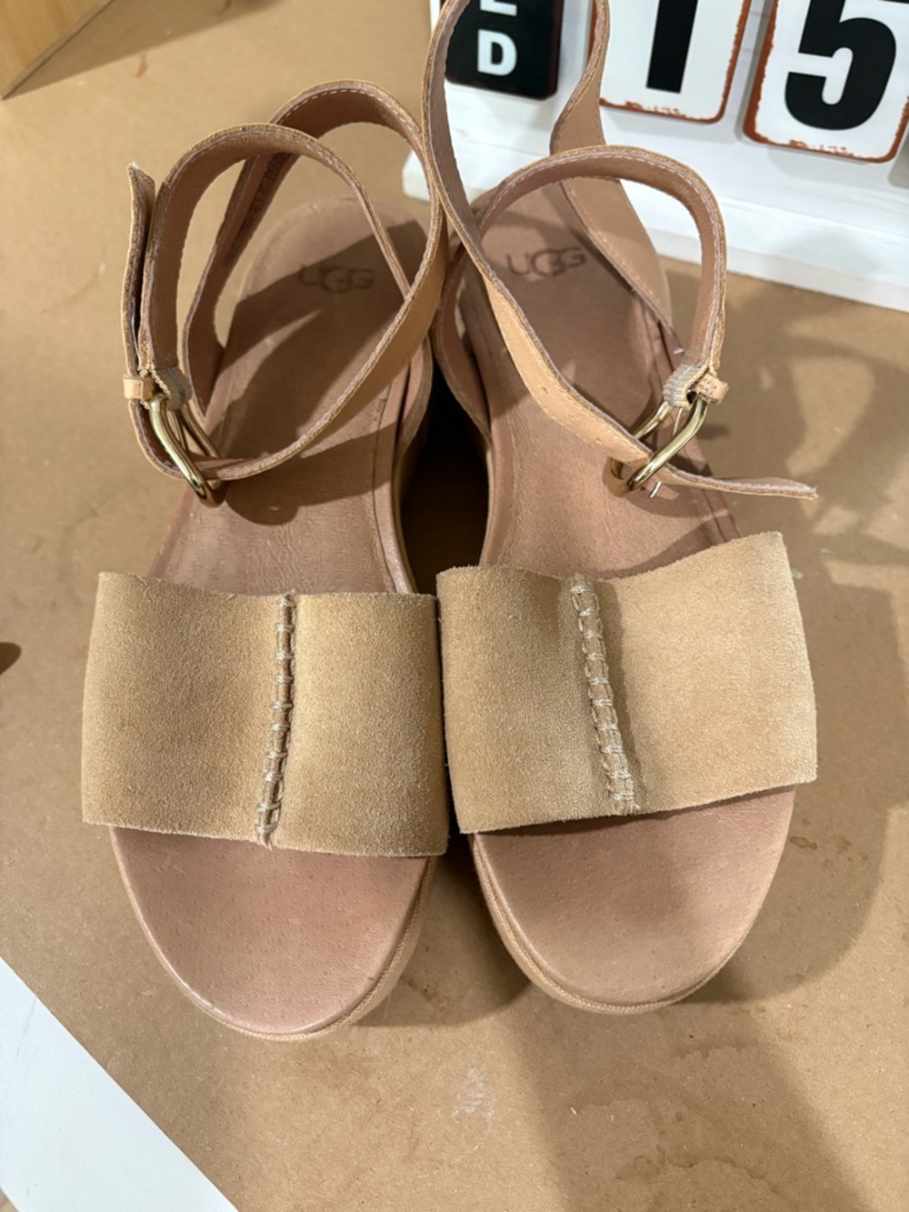 Women’s UGG Suede Tan Platform Sandals with Ankle Strap Preowned size 7.5 - Picture 2 of 11